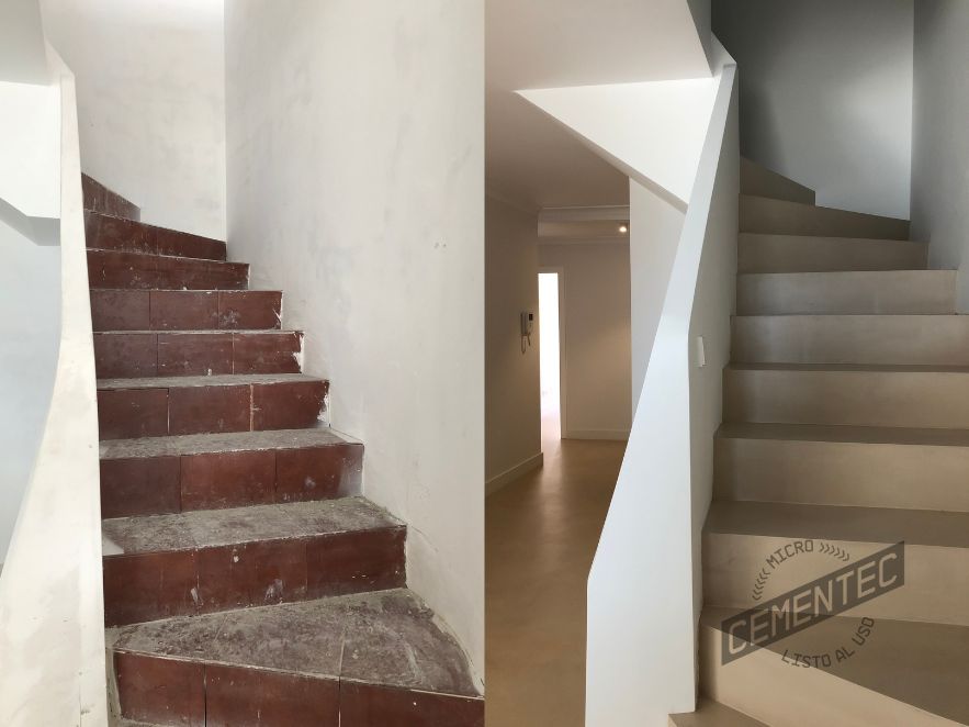 escaleras antes y después para analizar los problemas microcemento junto a CEMENTEC