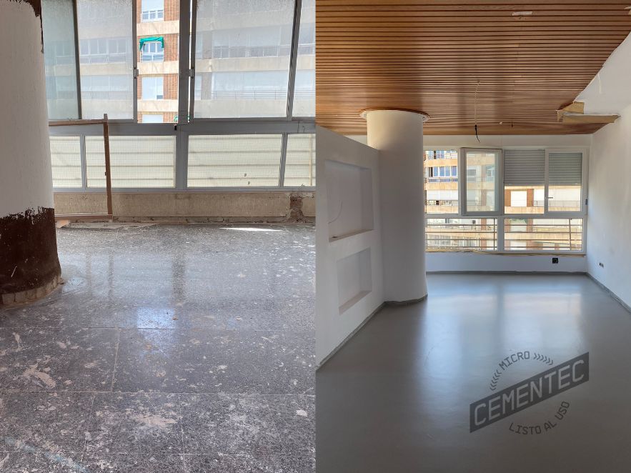 otro ejemplo de antes y después en una habitación tras aplicar la solución a los problemas microcemento junto a CEMENTEC