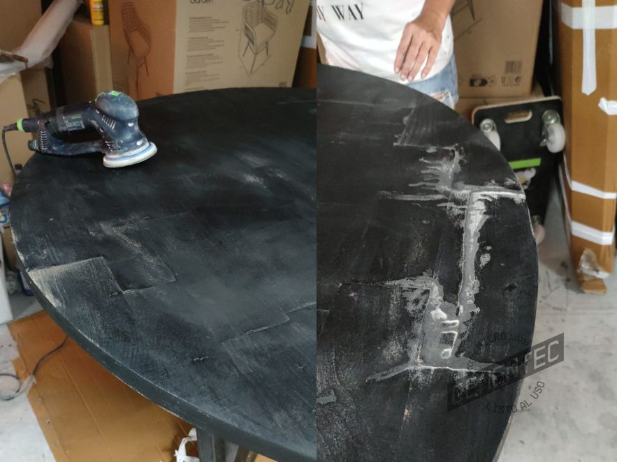 Sanding and cleaning process of a Cementec coated furniture.