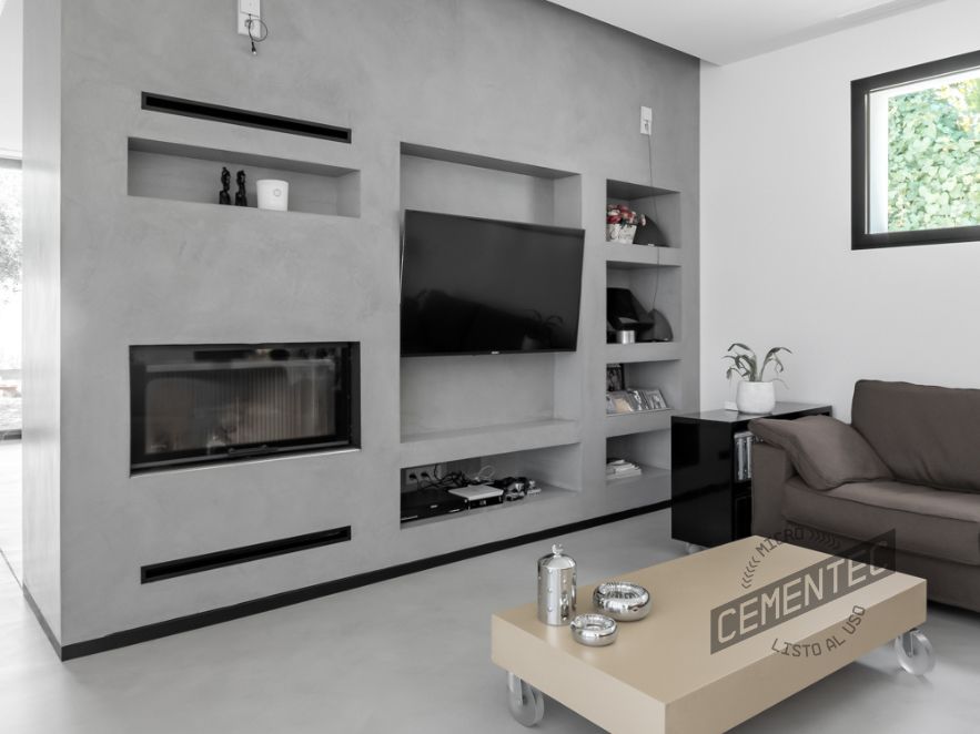 Living room with ready-to-use microcement finishes by Cementec.